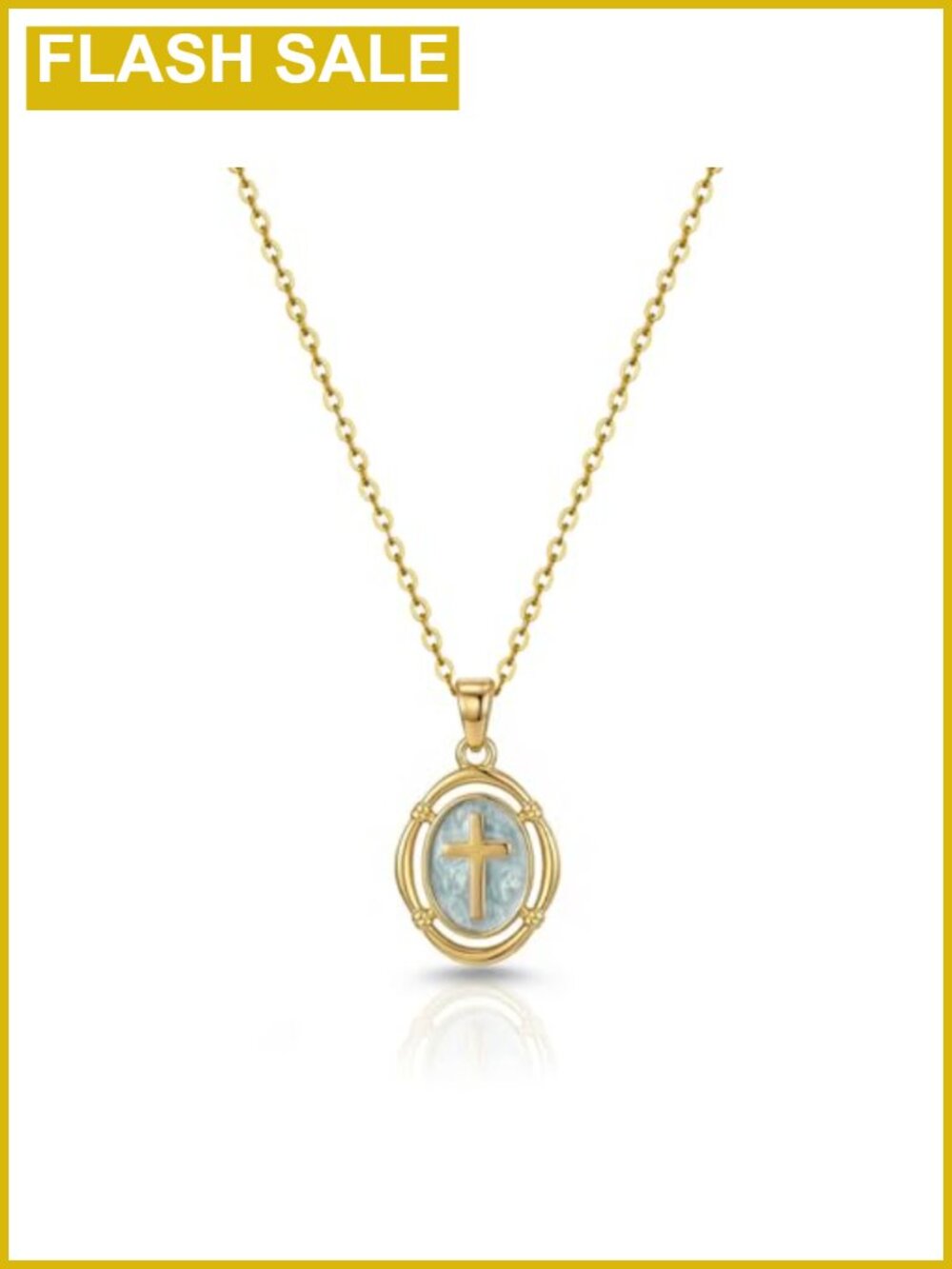 14K Gold Plated Cross Necklace Oval Enamel Pendant Adjustable 16.5-18.5"